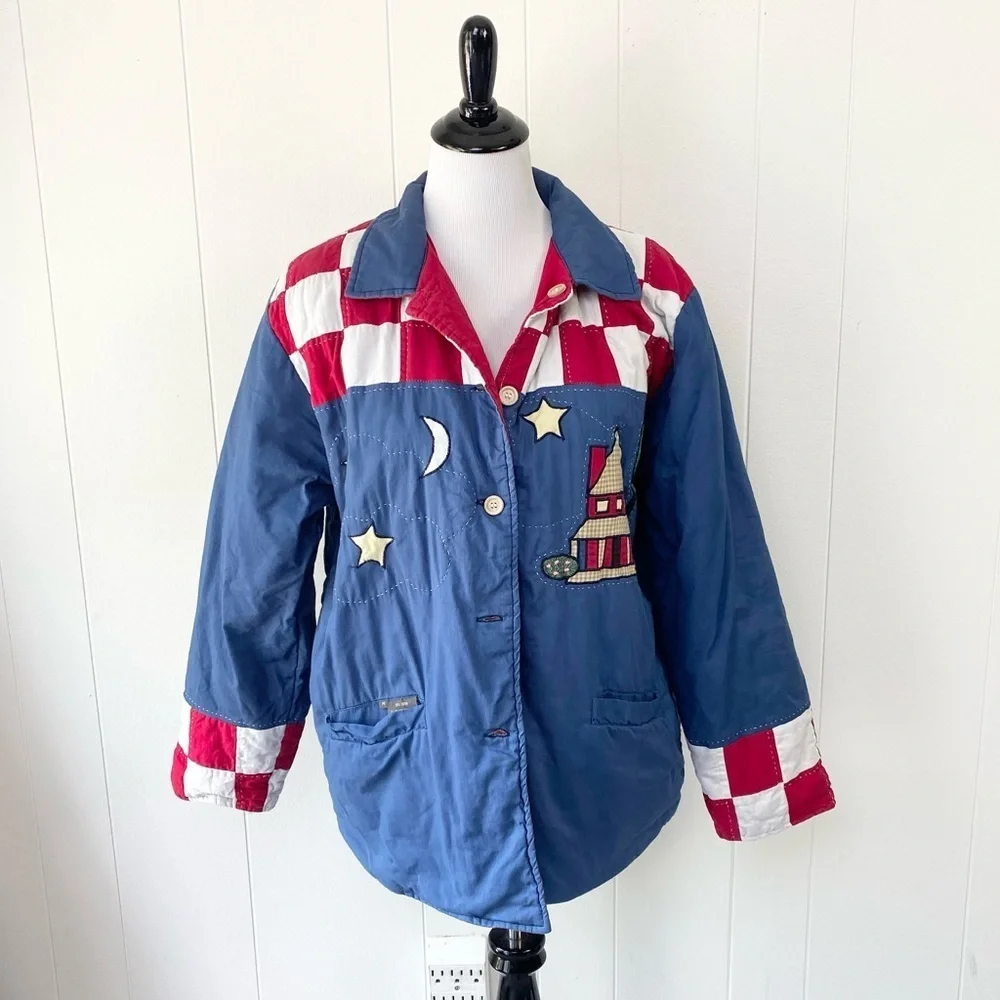 Women's M Americana Patchwork Cabin Sky Quilted  Reversible Button Jacket Red